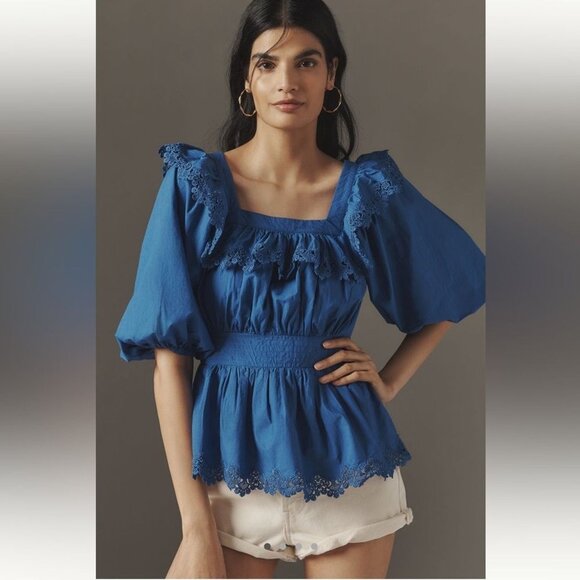 NWT Size S - Anthropologie 100% Cotton Peplum Eyelet Blouse (NWT US$ 118) - Picture 1 of 15